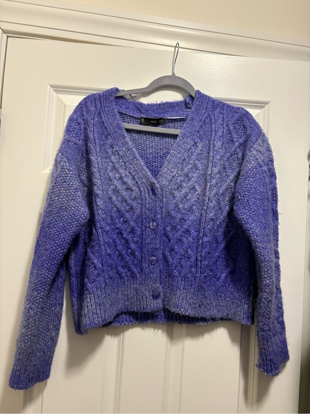Mango Lavender Cable Knit V-Neck Button Cardigan